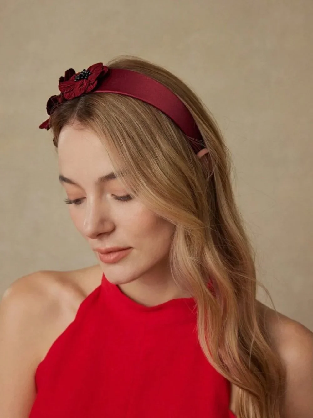 Burgundy Floral Headband with Black Beaded Centers